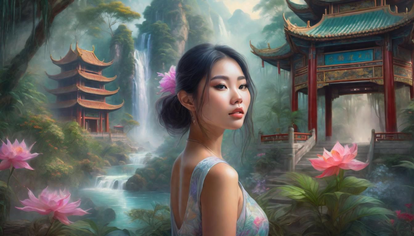 Asian Woman at Jungle Temple, Ethereal Illustration