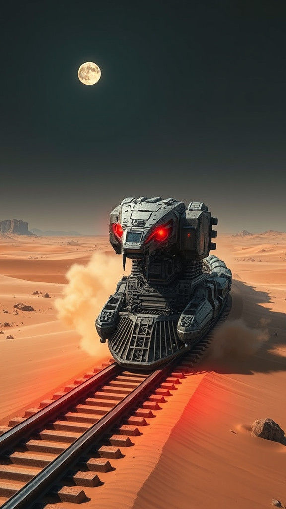 Futuristic Cobra Train Speeds Through Desert Night