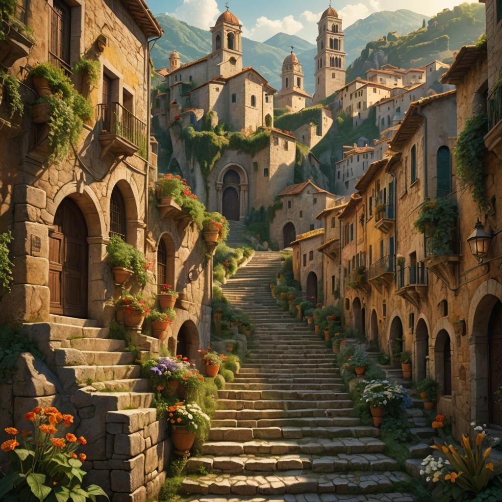 Italian Village Staircase in Renaissance Style