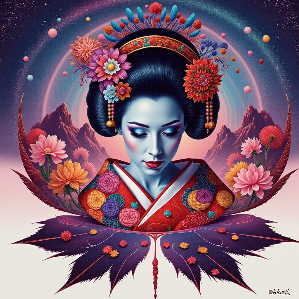 Ethereal Geisha Goddess in Radiant Kimono, Golden Accents, a...
