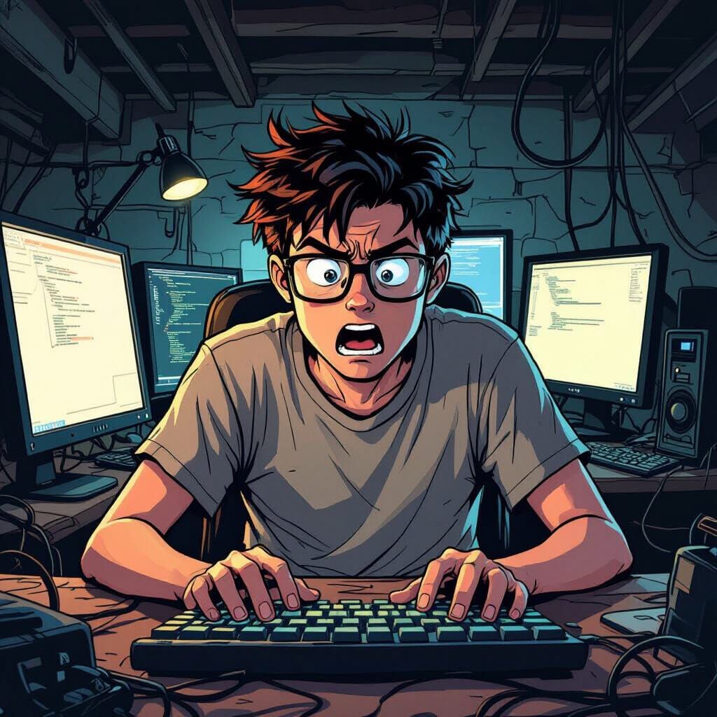Frustrated Nerd Pounding Keyboard in Comic Book Style