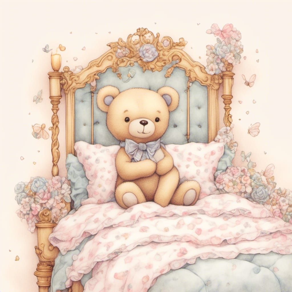 Vintage Teddy Bear on Victorian Bed in Pastel Colors