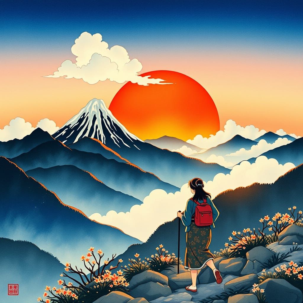 Japanese Woman Hiking at Sunset in Ukiyo-e Style