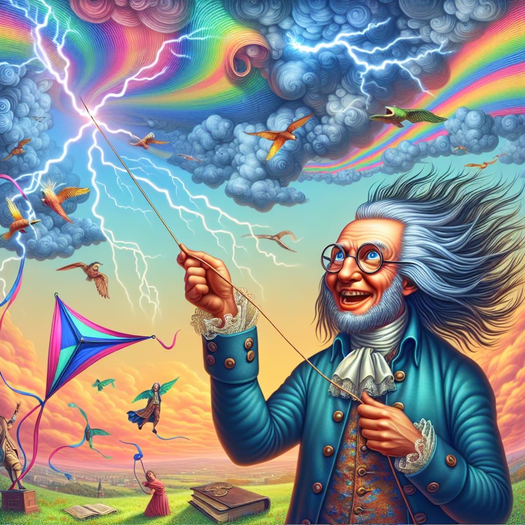 Surreal Scholarly Kite Flight During Lightning Storm