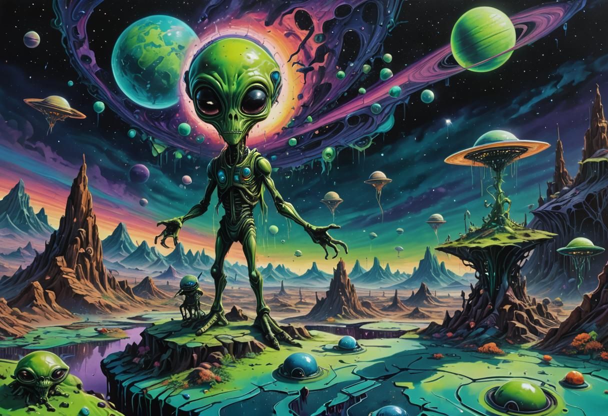 Vibrant Alien Graffiti Art on Dreamlike Planet