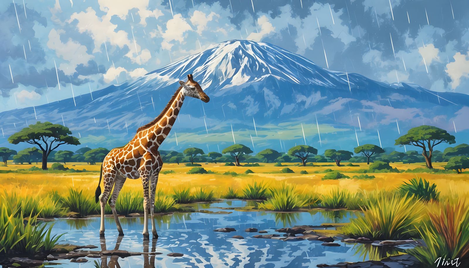 Rainstorm Over Lush African Landscape Acrylic Painting