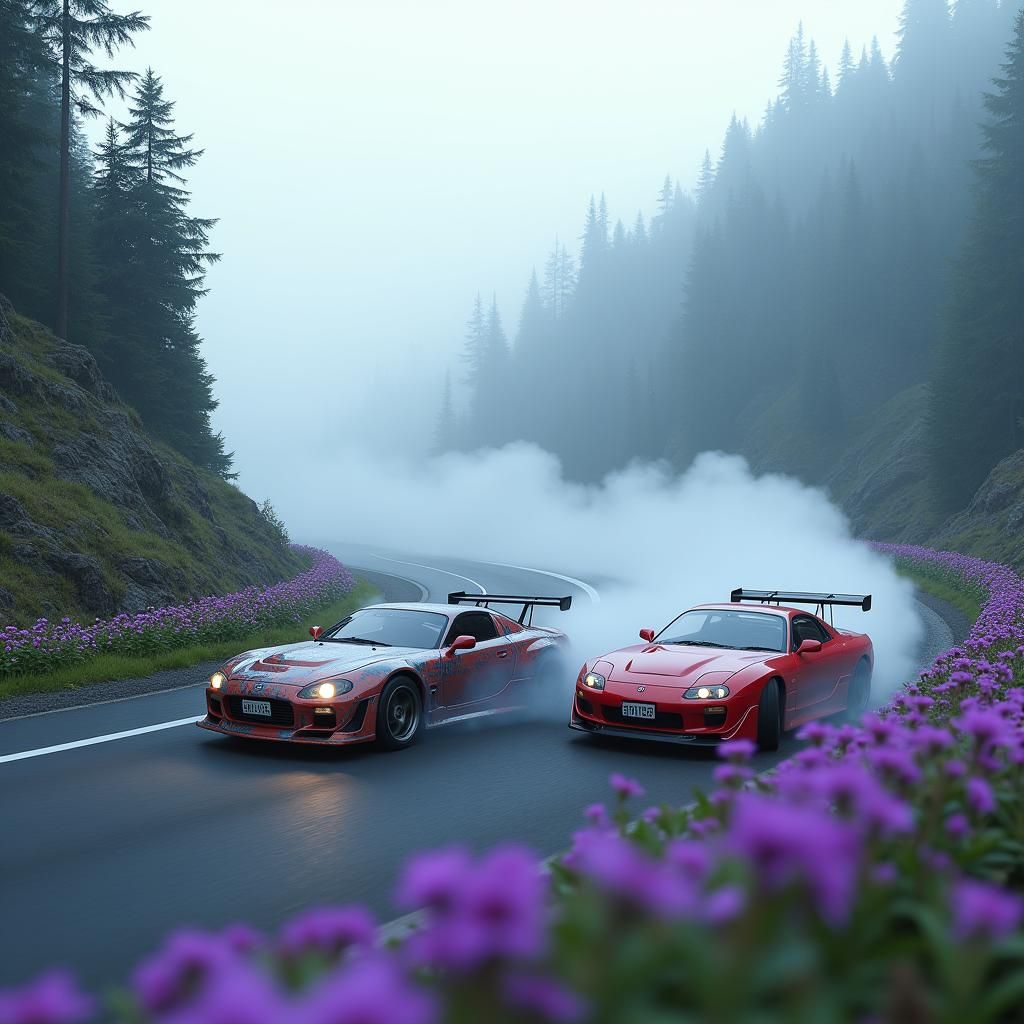 Initial D Cars Drifting: A Futuristic Matte Painting