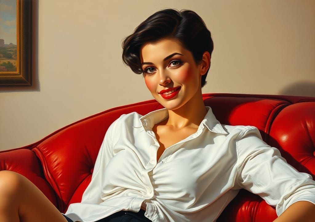 Retro Oil Painting of Woman on Red Sofa
