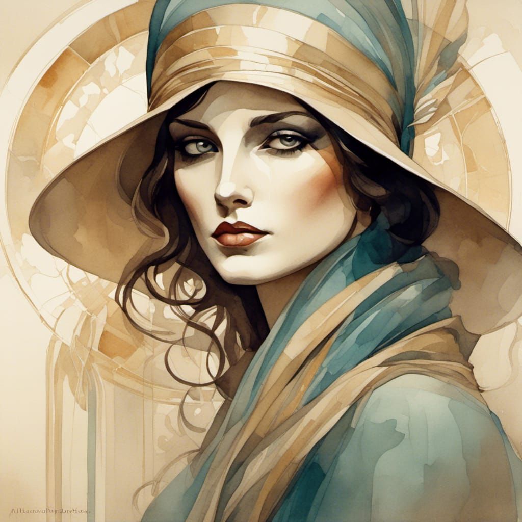 <lora:Art Deco:1.0> against a background of soft beige tones. A real female face is kept in white natural tones. It