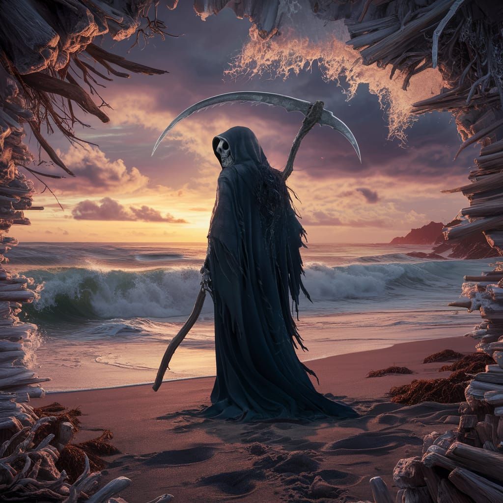 Grim Reaper on Sunset Beach: Cinematic Digital Art
