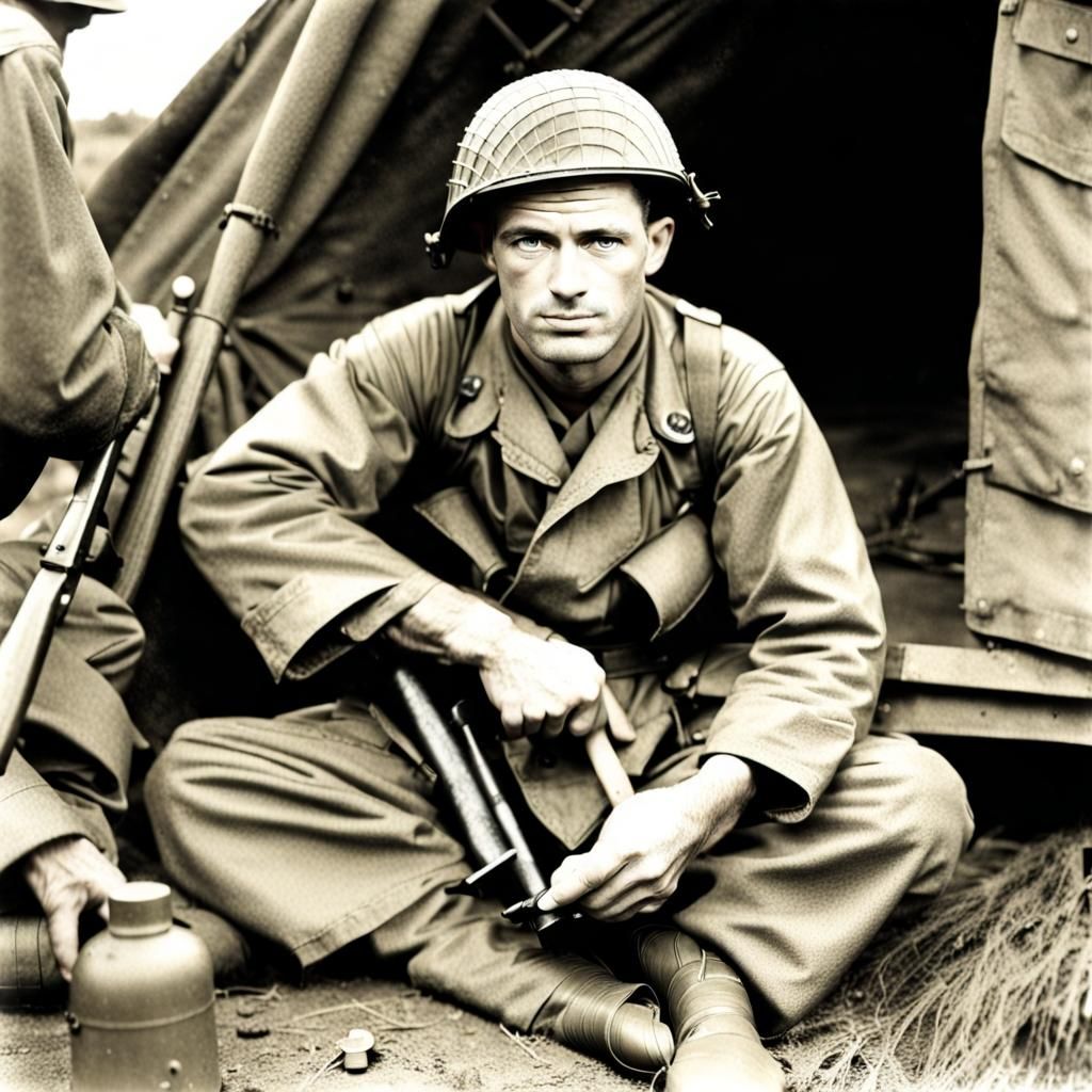 Vintage Photo of GI Preparing for D-Day