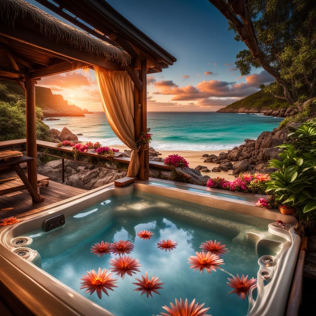 Secluded sandy beaches with exotic flowers and a beachside hot tub