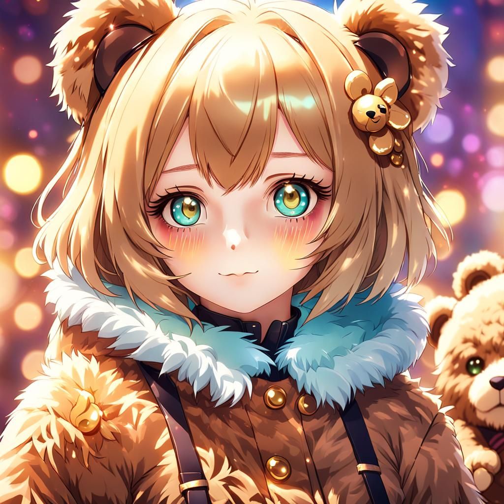 A cute anime girl wearing a cute teddy bear costume