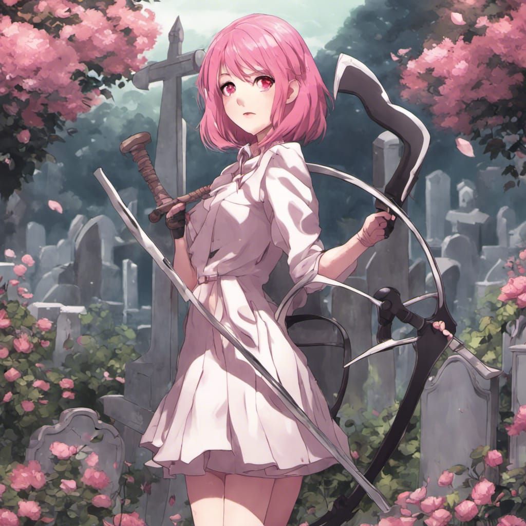 Anime Girl with Scythe in Cemetery, Manga Style