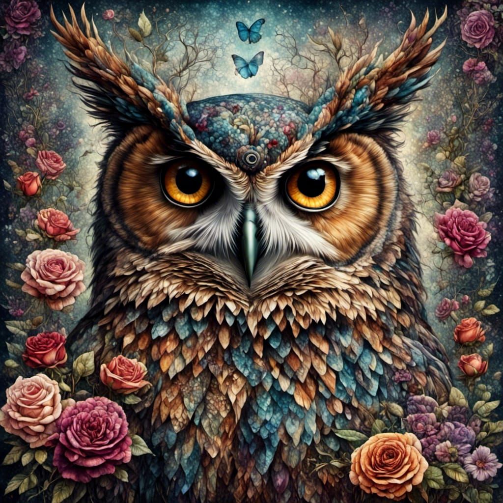 Owl Portrait in Dreamy Floral Fantasy Style