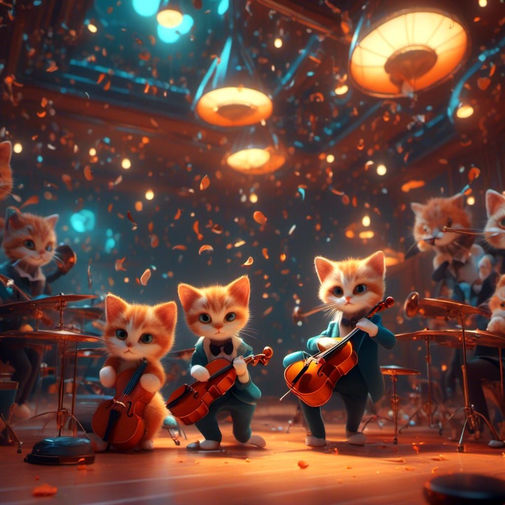 Kittens Playing Jazz in Night Club, Hyperdetailed Art