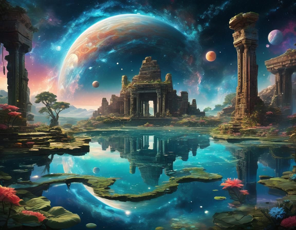 Otherworldly Oasis Reflecting Cosmic Sky, Digital Painting