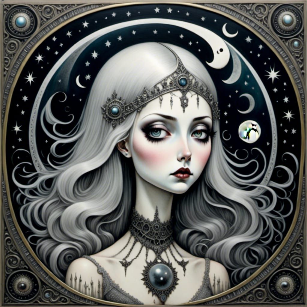 Gothic Moon Goddess Witch in Mark Ryden Style
