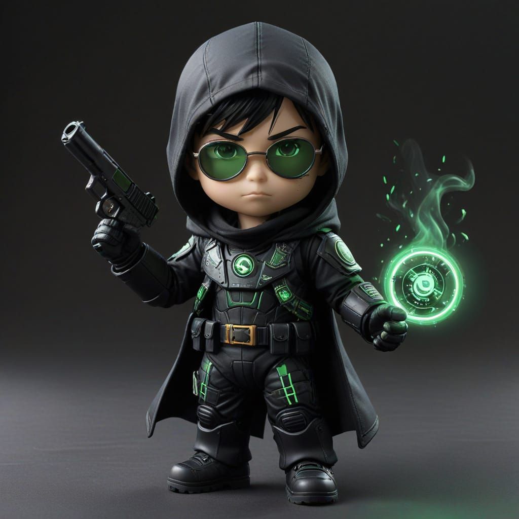 Chibi hantom spy, dressed in a custom midnight black tactica...