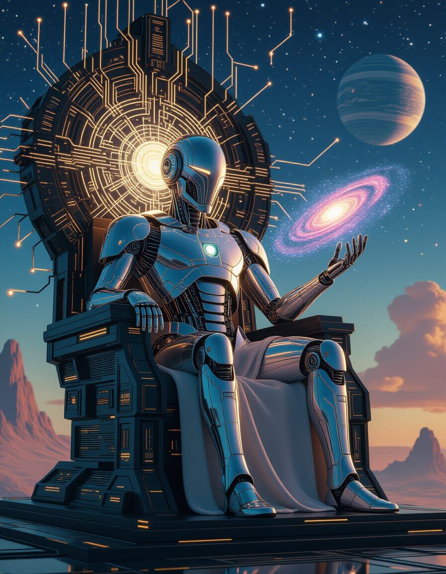 Colossal AI Deity on Futuristic Throne
