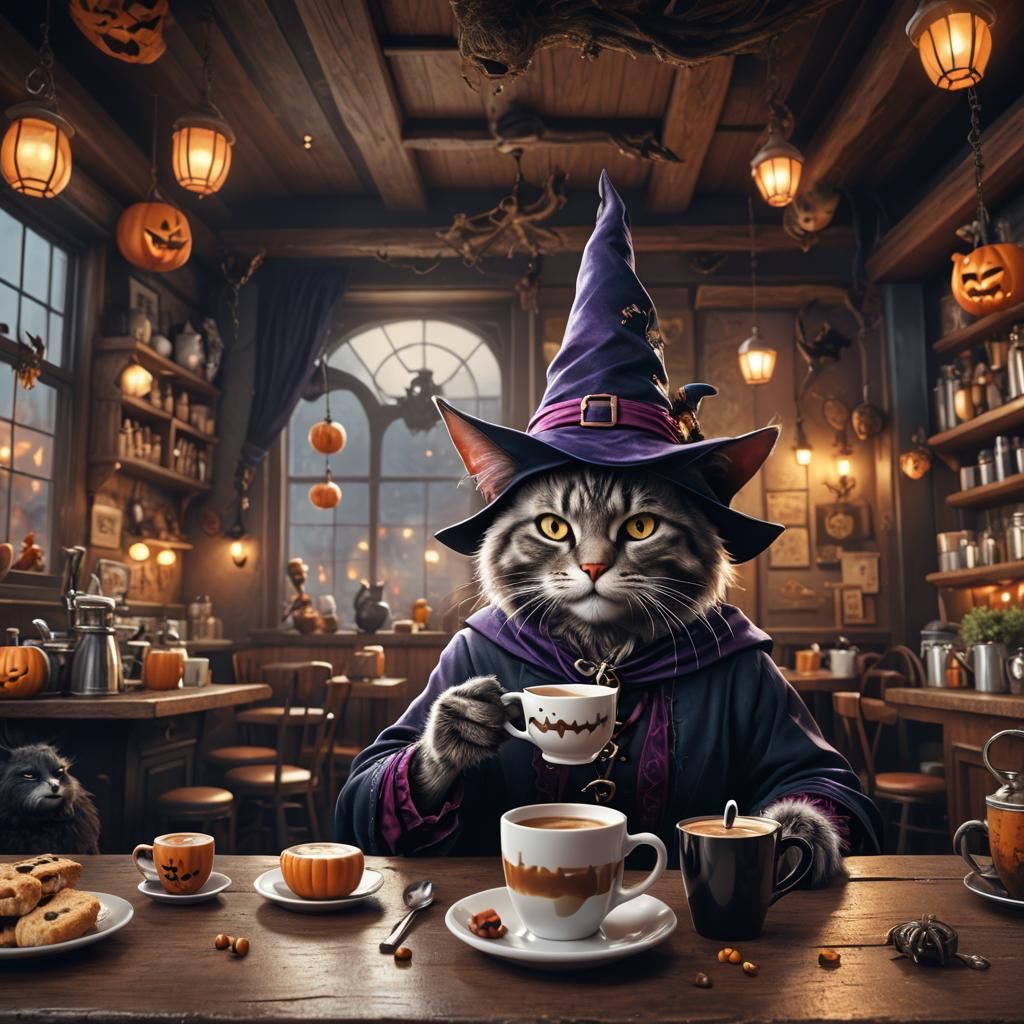 Halloween Cat Witch Coffee Art