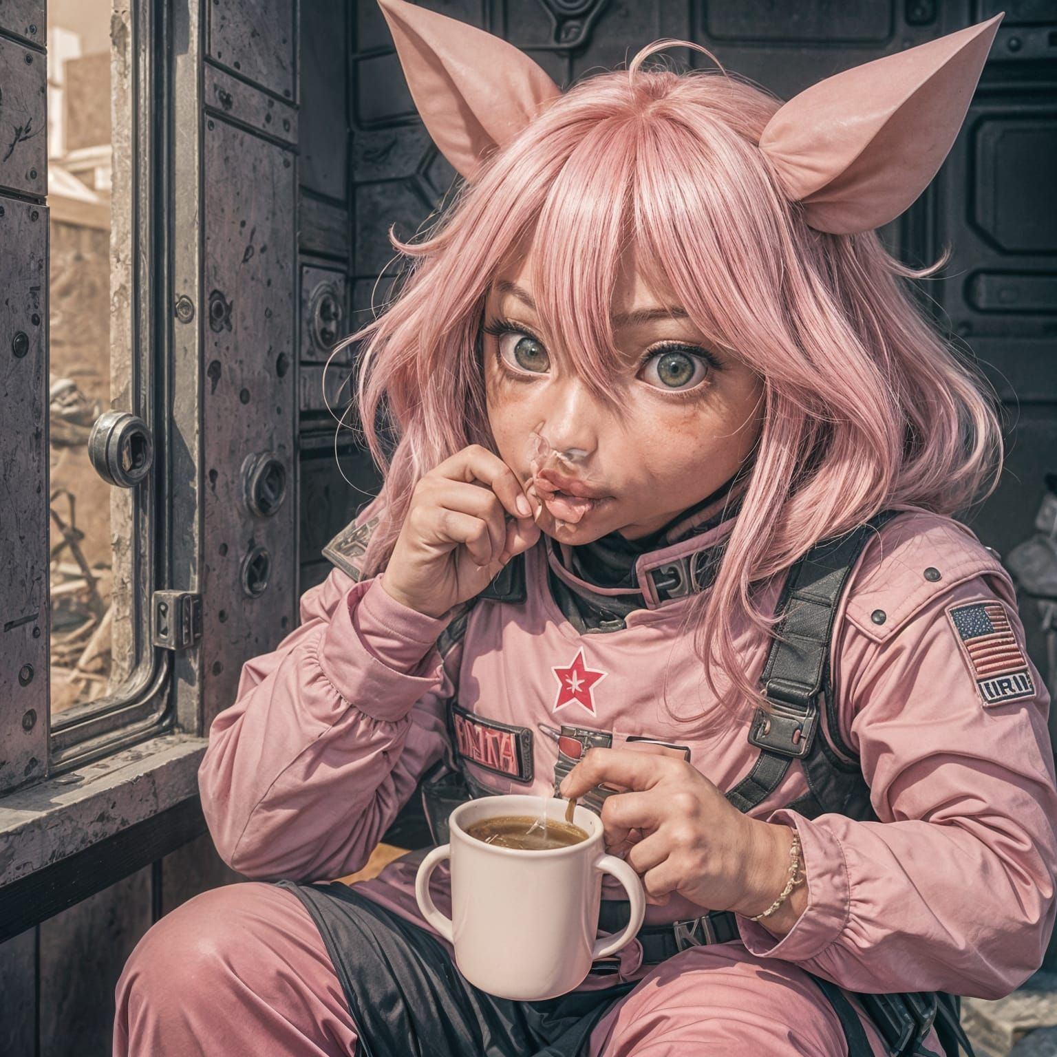 Cyberpunk Henchwoman in Militant Pink Armor, Laying Low in H...