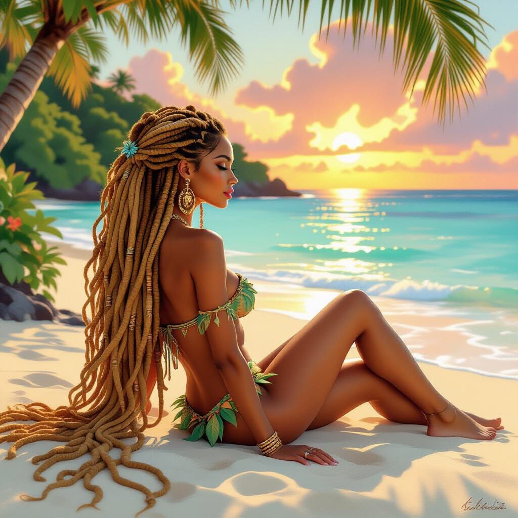 Stunning Woman in Leaf Thong at Tropical Sunset