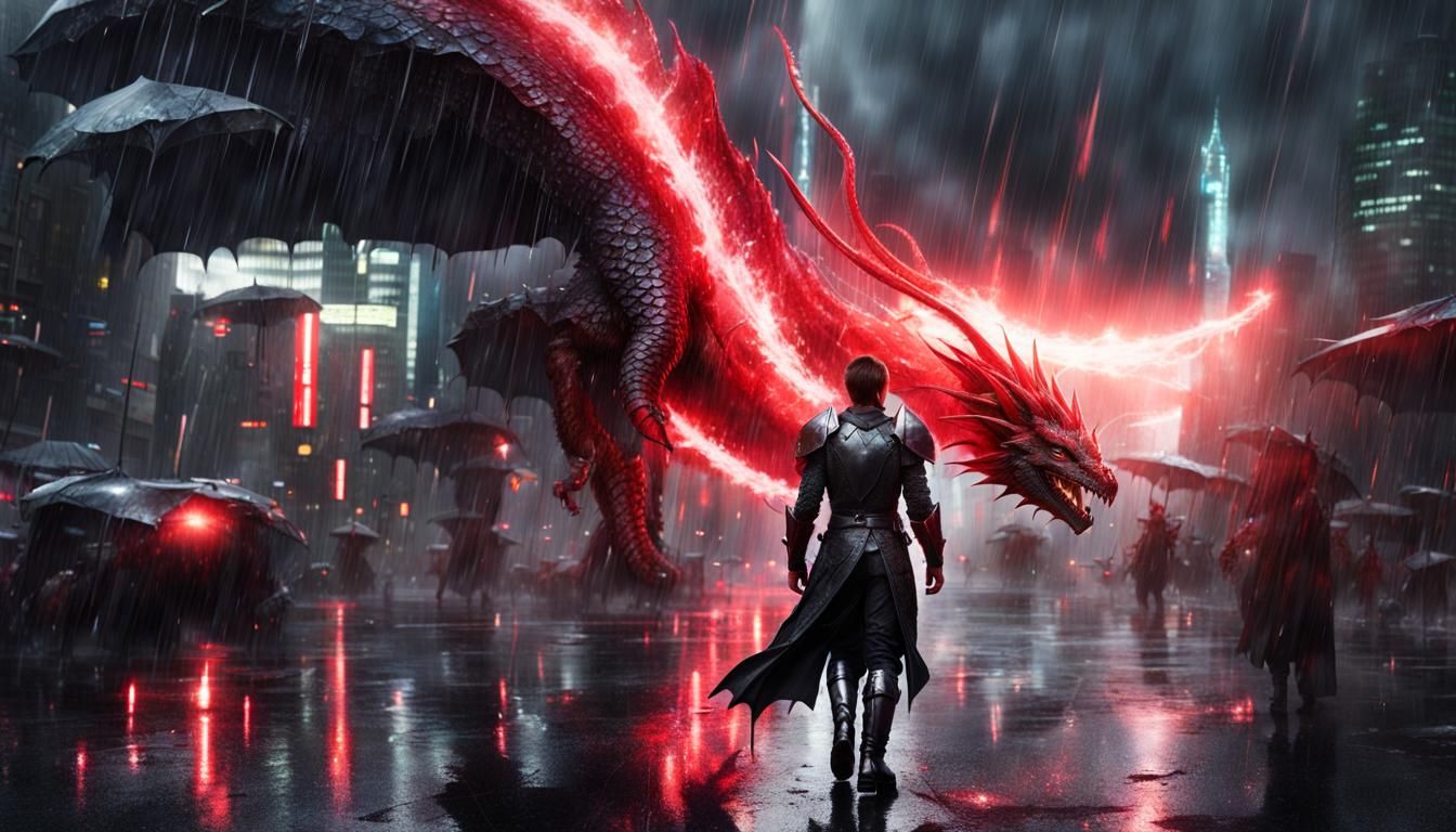 Knight and dragon in a tuturistic city, in the rain