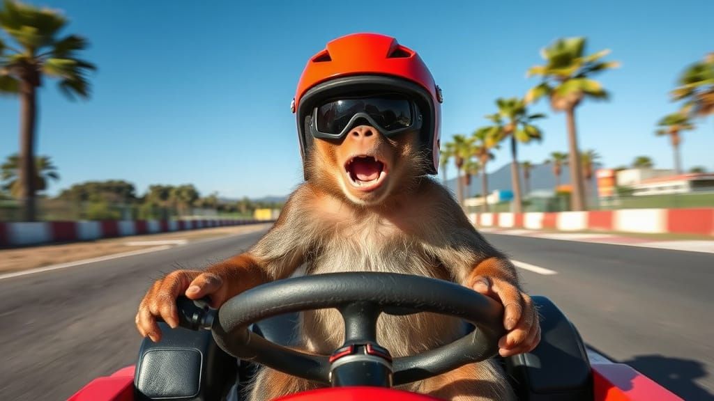 Excited Monkey Races Go-Kart in Photorealistic Style