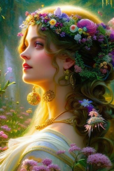 Fairy Princesses in Wildflower Garden, Digital Art