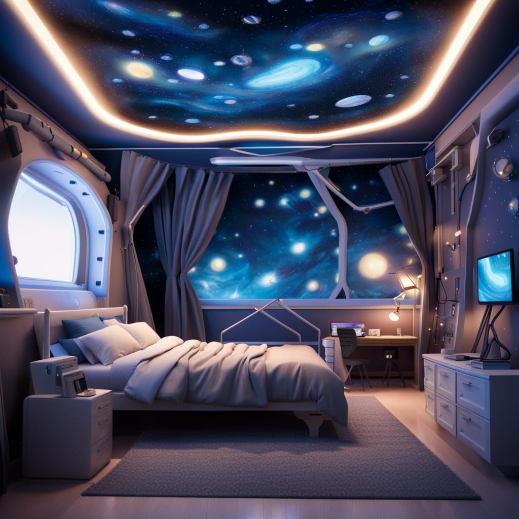 Whimsical Bedroom in Space Station: Hyperrealistic Fantasy A...