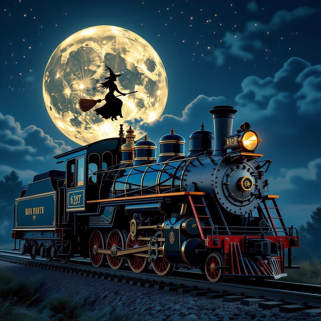 Baroque Steampunk Train Silhouetted by Moon, 3D Render