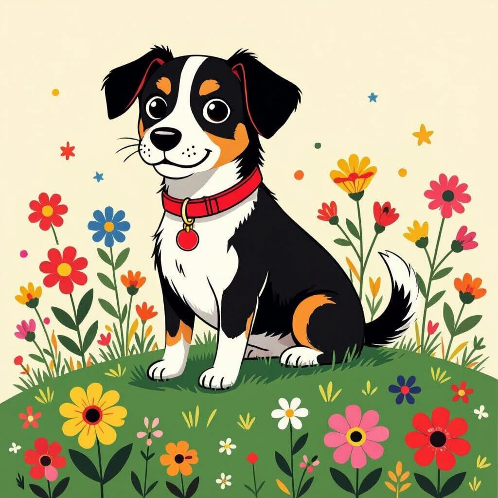 Dog with Wildflowers in Pop-Surrealist Style
