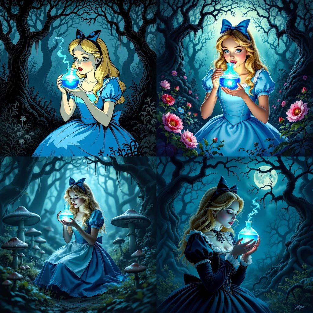 Alice Drinks Blue Potion in Dark Gustave Doré Style