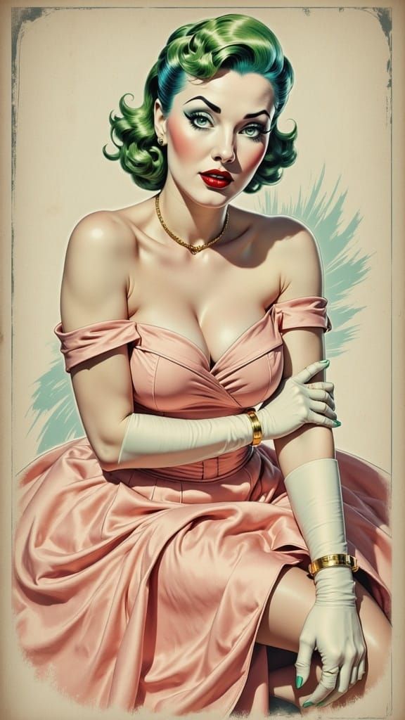 Debra Paget in Peach Gown, Gil Elvgren Pin-Up Style