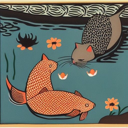 Cat and Koi Pond in Minimalist Style
