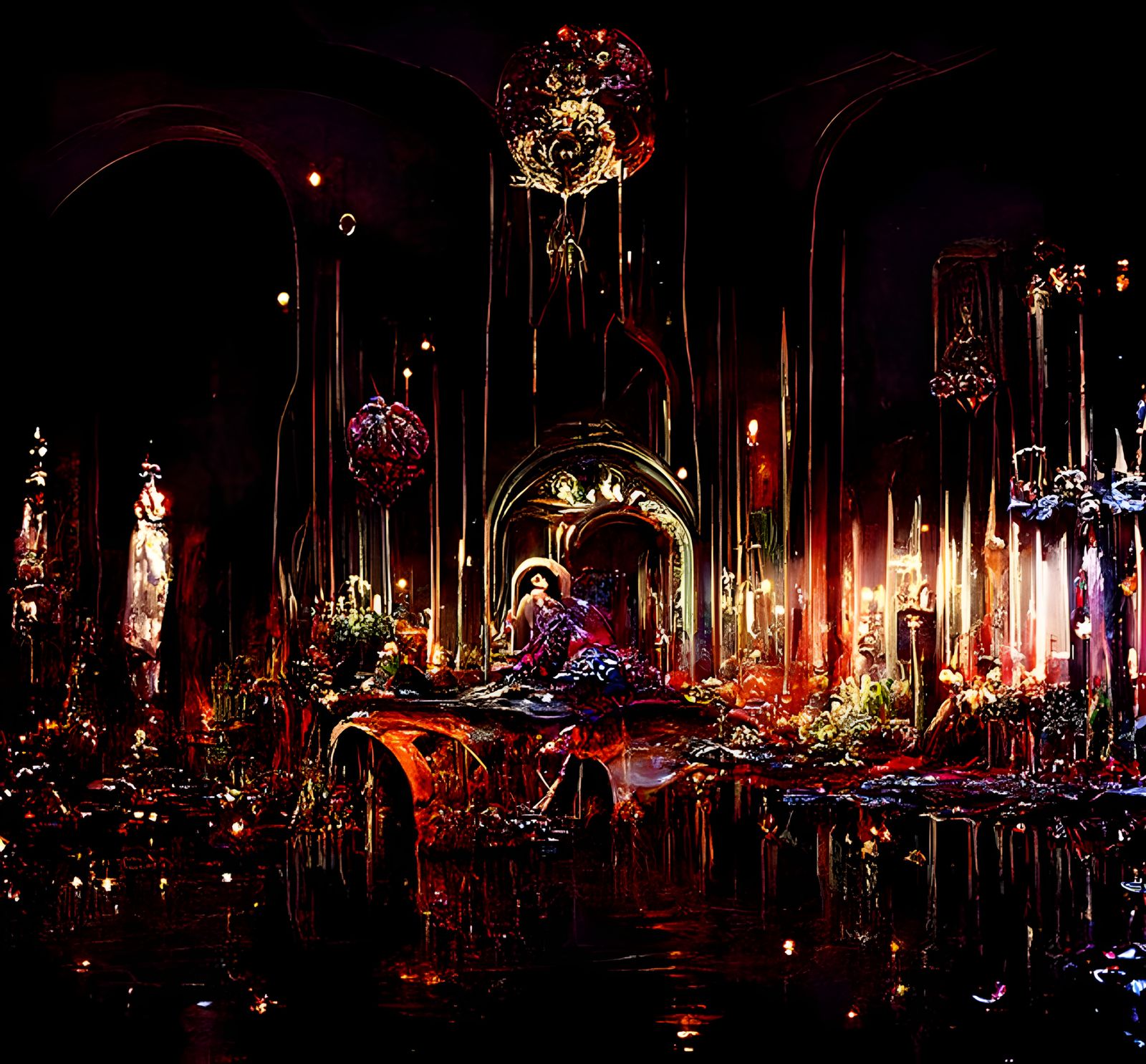 Flooded Crimson Theater with Candelabras in Stained Glass St...