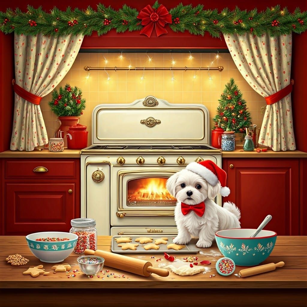 Whimsical Kitchen Christmas Scene with Puppy in Norman Rockw...
