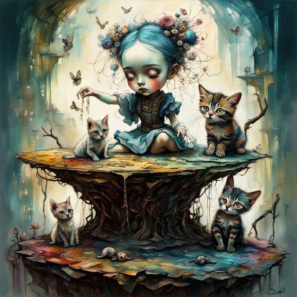 Chibi Girl and Kitten in Stylized Pastel Art
