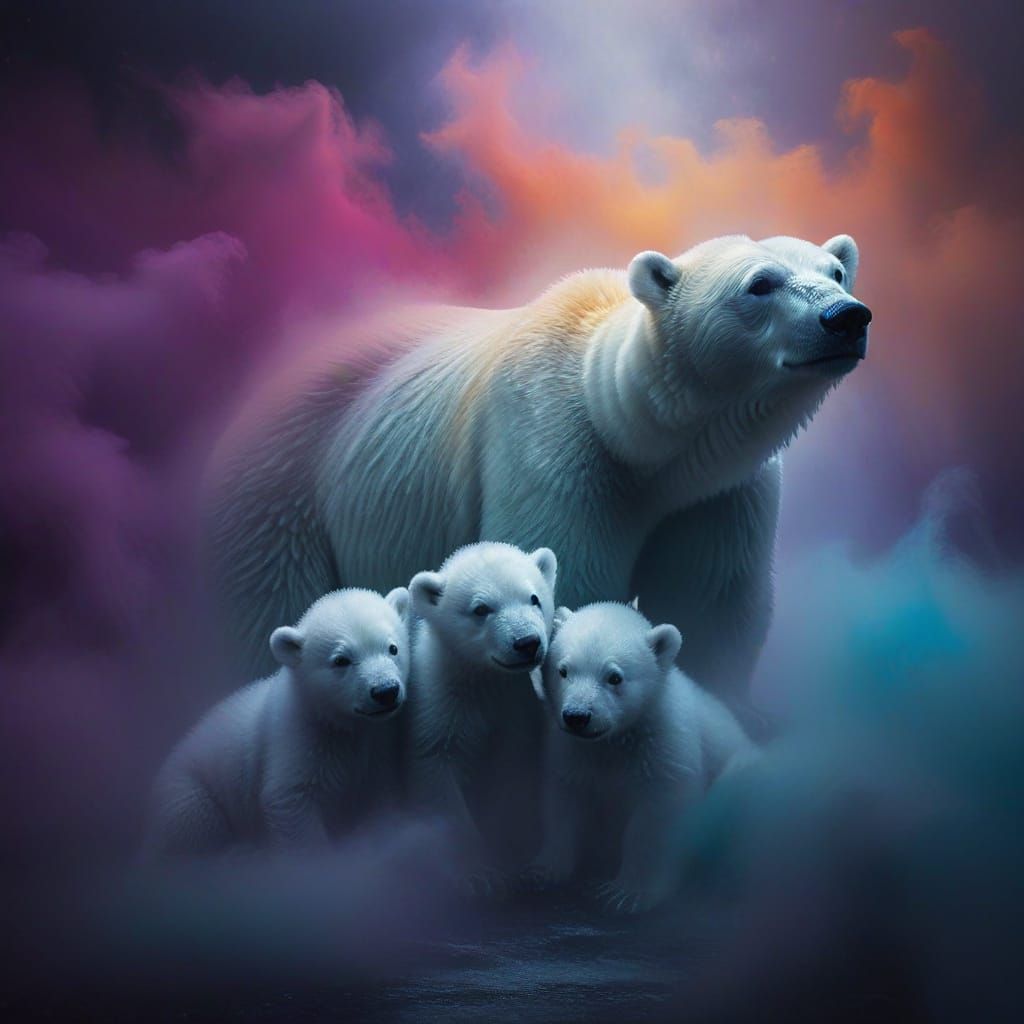 Vibrant Polar Bear Family in Ethereal Mist