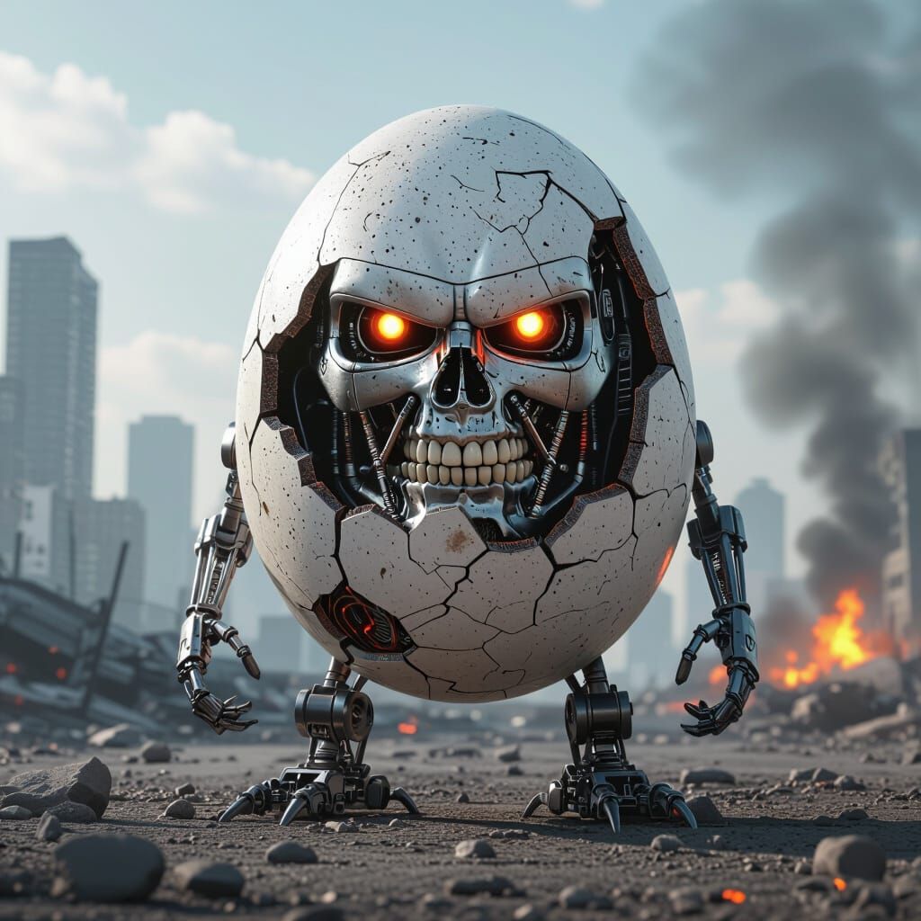 Angry Egg Terminator in Post-Apocalyptic City