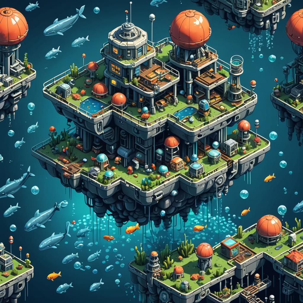 Isometric Pixel Art Undersea Colony with Mechanical Whales