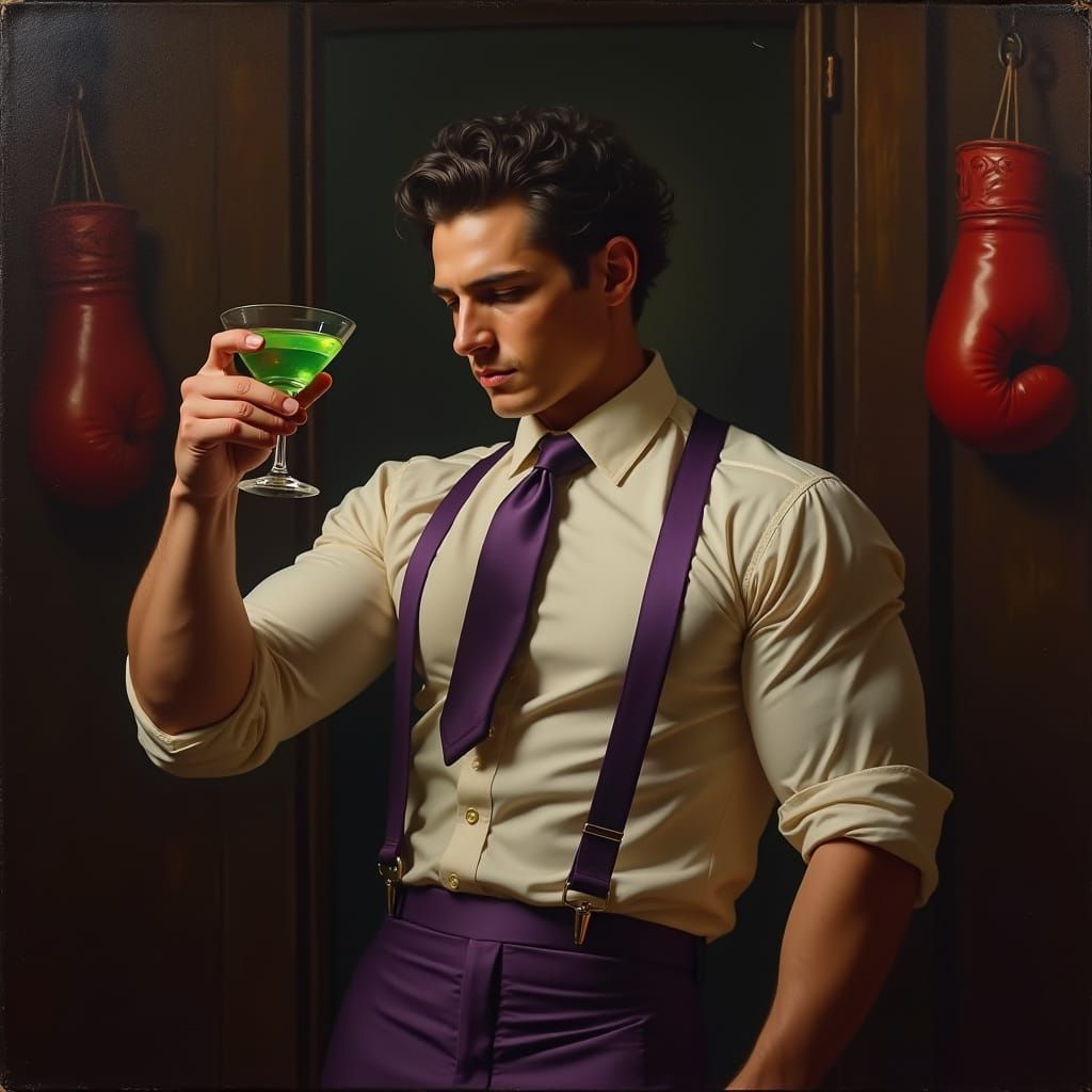 Art Deco Muscular Man in Suit with Green Martini