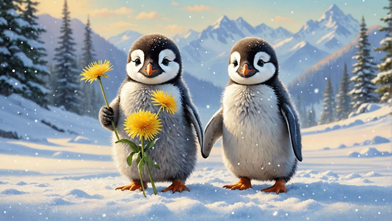 Dandelion Penguin in Snow, Watercolour Art