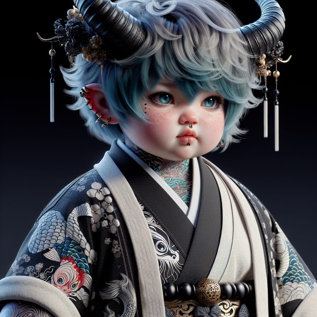 Japanese Oni with pale skin red horns 15