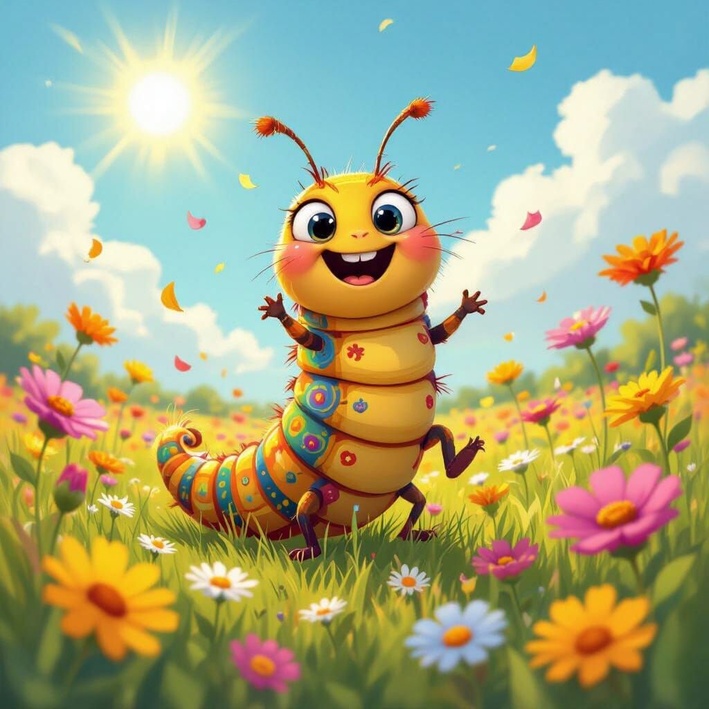 Joyful Caterpillar Dancing in Wildflower Field