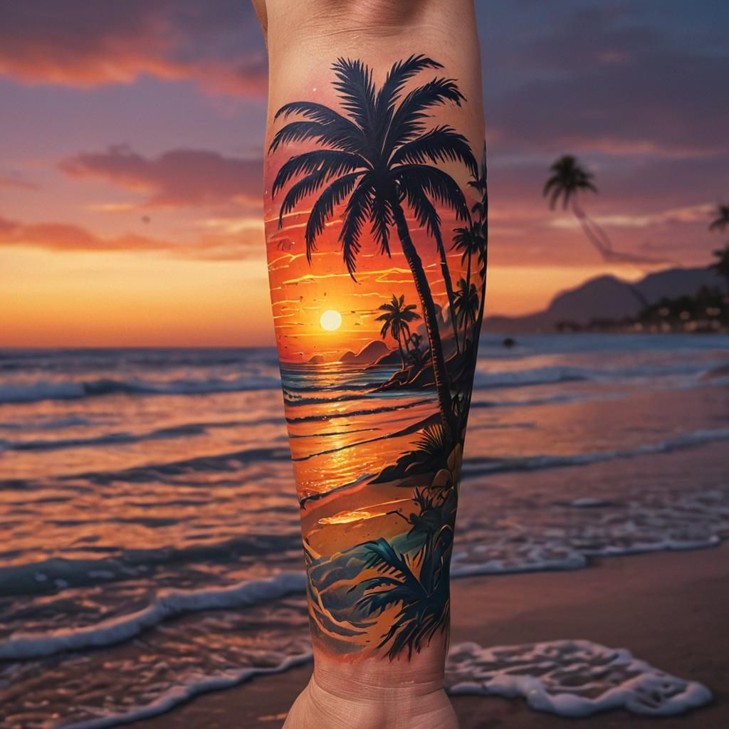 tattoo of a beautiful sunset beach scene wiith palm trees, i...
