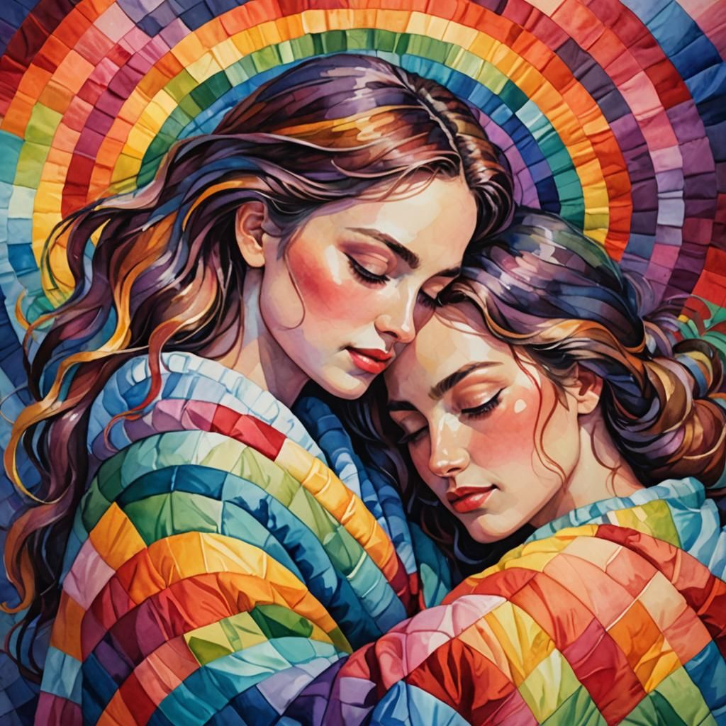 Romantic Embrace Under Rainbow Quilt, Impressionist Gouache