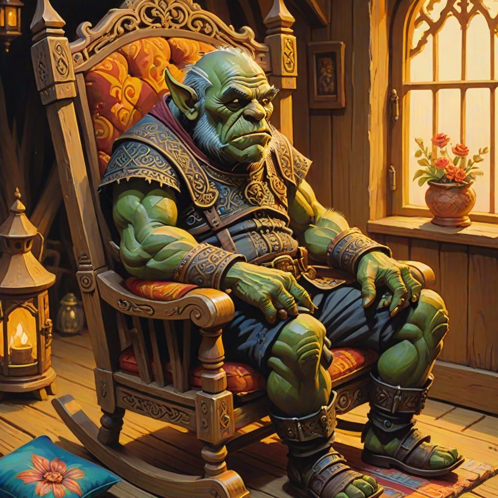 Orc in Rocking Chair as Gouache Folk Art