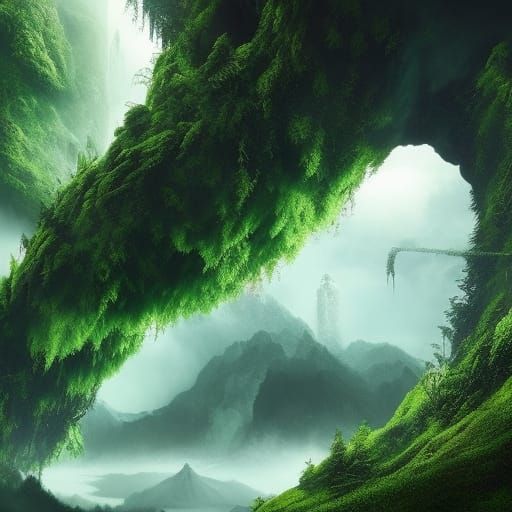 Lush Green Planet in Digital Matte Painting Style